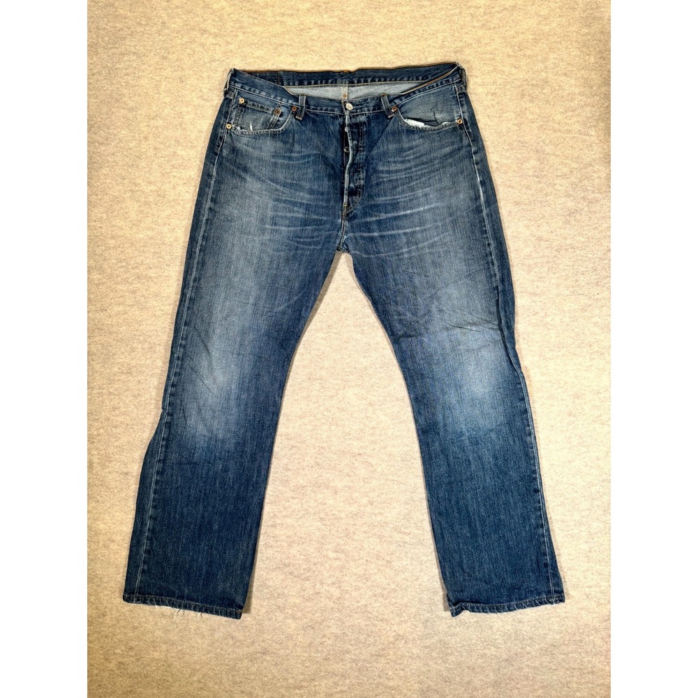 Levis 501 Original Fit Jeans Mens 38x32 Blue Straight Leg Whiskered Denim Cotton